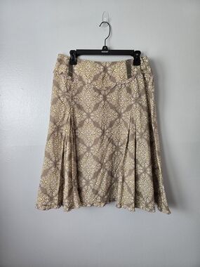 Script Olive Tan Paisley 100% Cotton Pleated A-Line Modest Midi Skirt Size 10